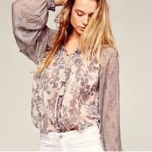 Free People Sheer Hendrix Printed Peasant Top with Keyhole Size Medium
